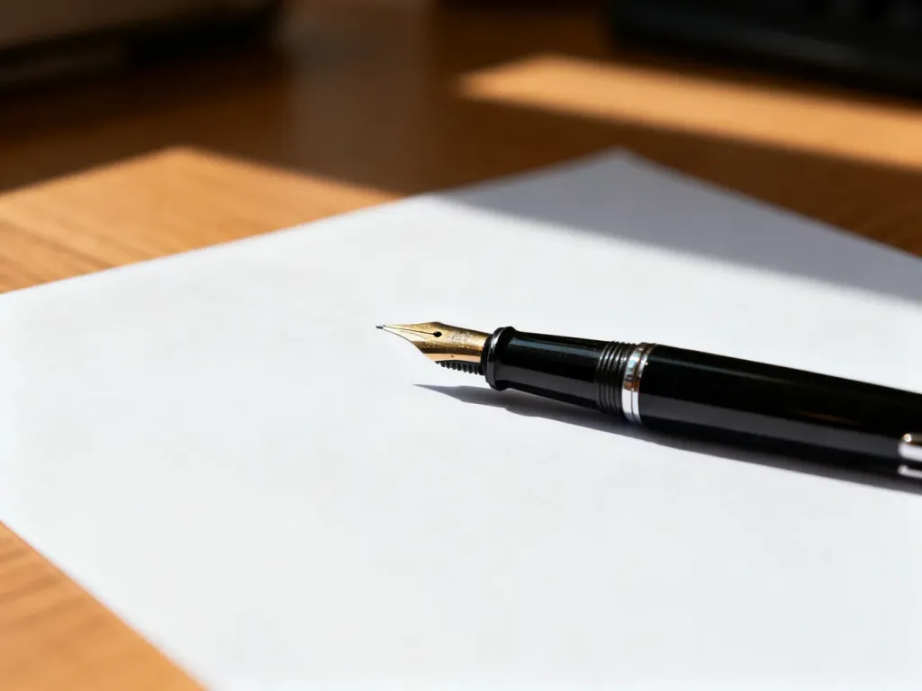 Wieczne pióro leżące na czystej kartce papieru, symbolizujące staranność w pisaniu i dbałość o poprawność językową.