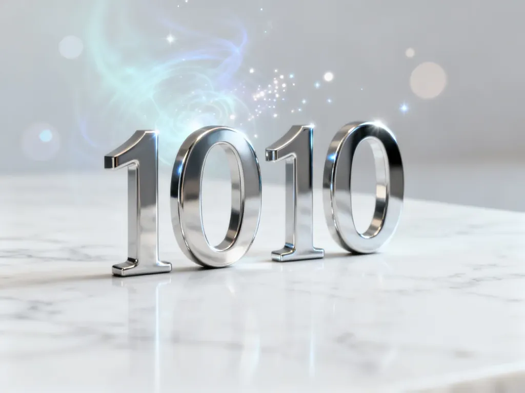 Srebrne cyfry 1010 na marmurowym tle z eteryczną poświatą, symbolizujące mistyczne znaczenie tej liczby w numerologii.