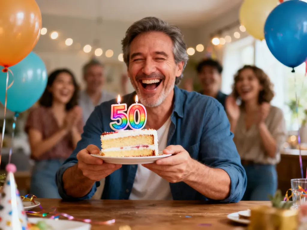 Roześmiany 50‑latek na domowym przyjęciu urodzinowym z tortem i świeczką „50” w otoczeniu balonów i znajomych.