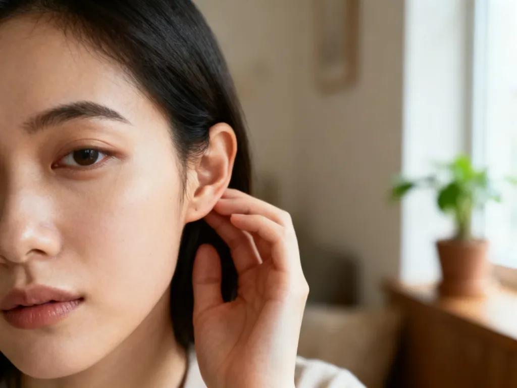 Osoba delikatnie dotyka lewego ucha w spokojnym domowym otoczeniu, ilustrując znaczenie dzwonienia w lewym uchu.