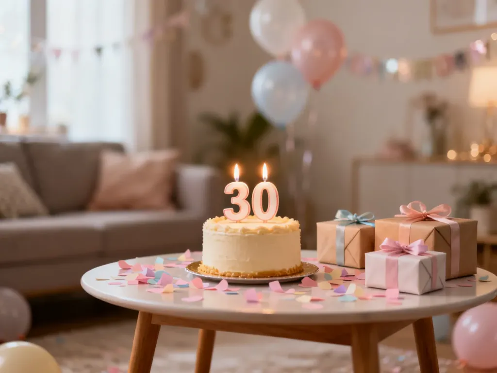 Elegancki stolik z tortem na 30 urodziny, świeczkami „30”, prezentami i pastelowym konfetti w ciepłym, radosnym wnętrzu.